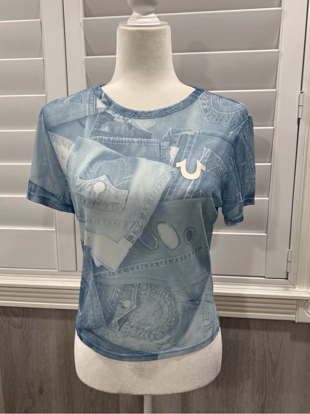 True Religion Denim Print Mesh Sheer Top Short Sleeve Blue L Womens Festival